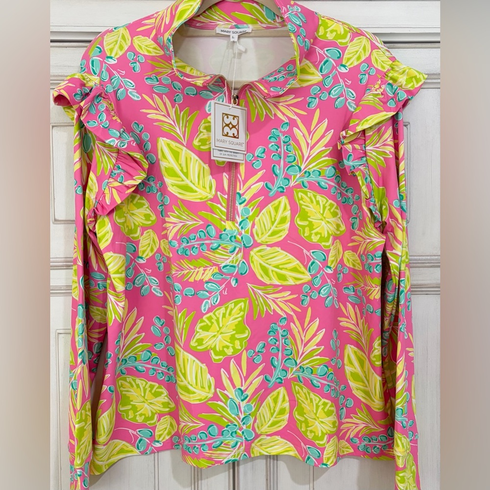 NWT SZ L Mary Square Women's Pink Tropical Print Ruffle Long-Sleeve zip up top - Picture 1 of 7